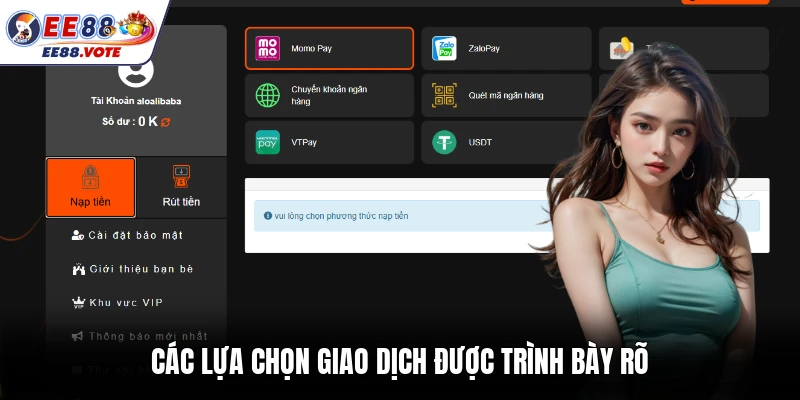 Các lựa chọn giao dịch được trình bày rõ